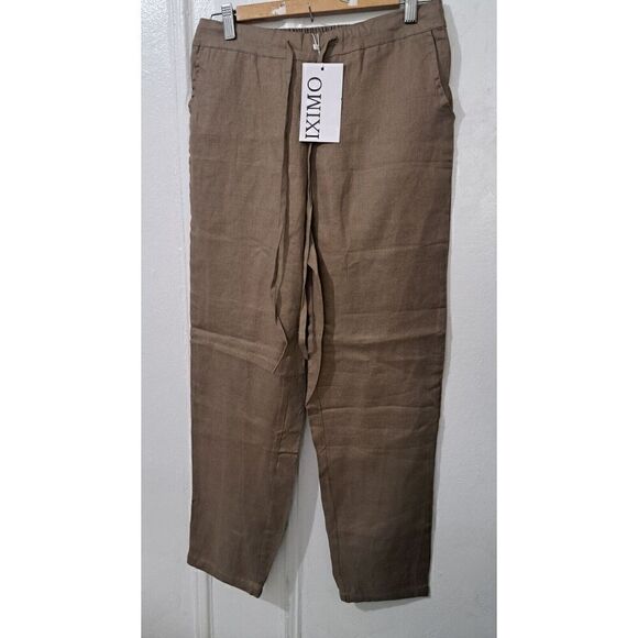 Iximo  Womens Medium TAUPE NEUTRAL 100% Linen Pants Elastic Waist Beach Boho - Picture 1 of 8